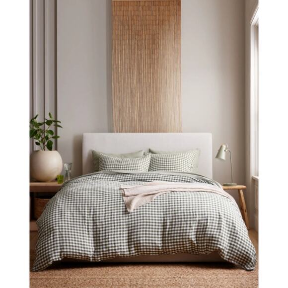 NWOT Quince European Linen Duvet Cover Full/Queen Olive Gingham - Picture 7 of 8